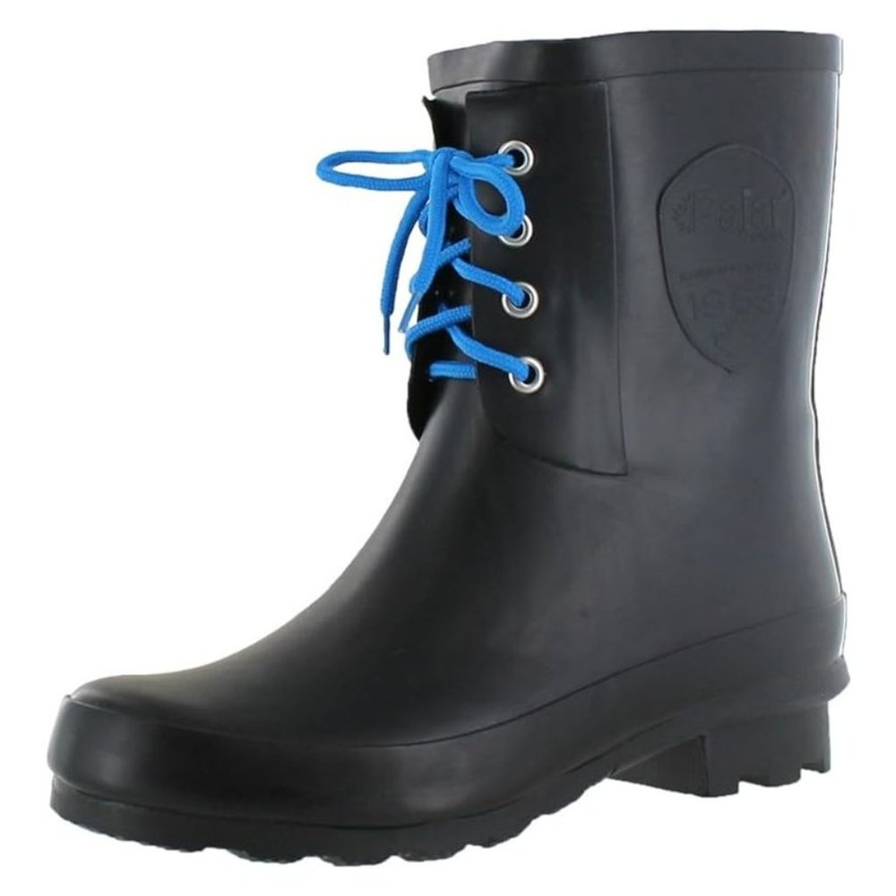 NEW Pajar Women Paula Waterproof Black Blue Lace Up Bow Tie Mid Calf Rainboot